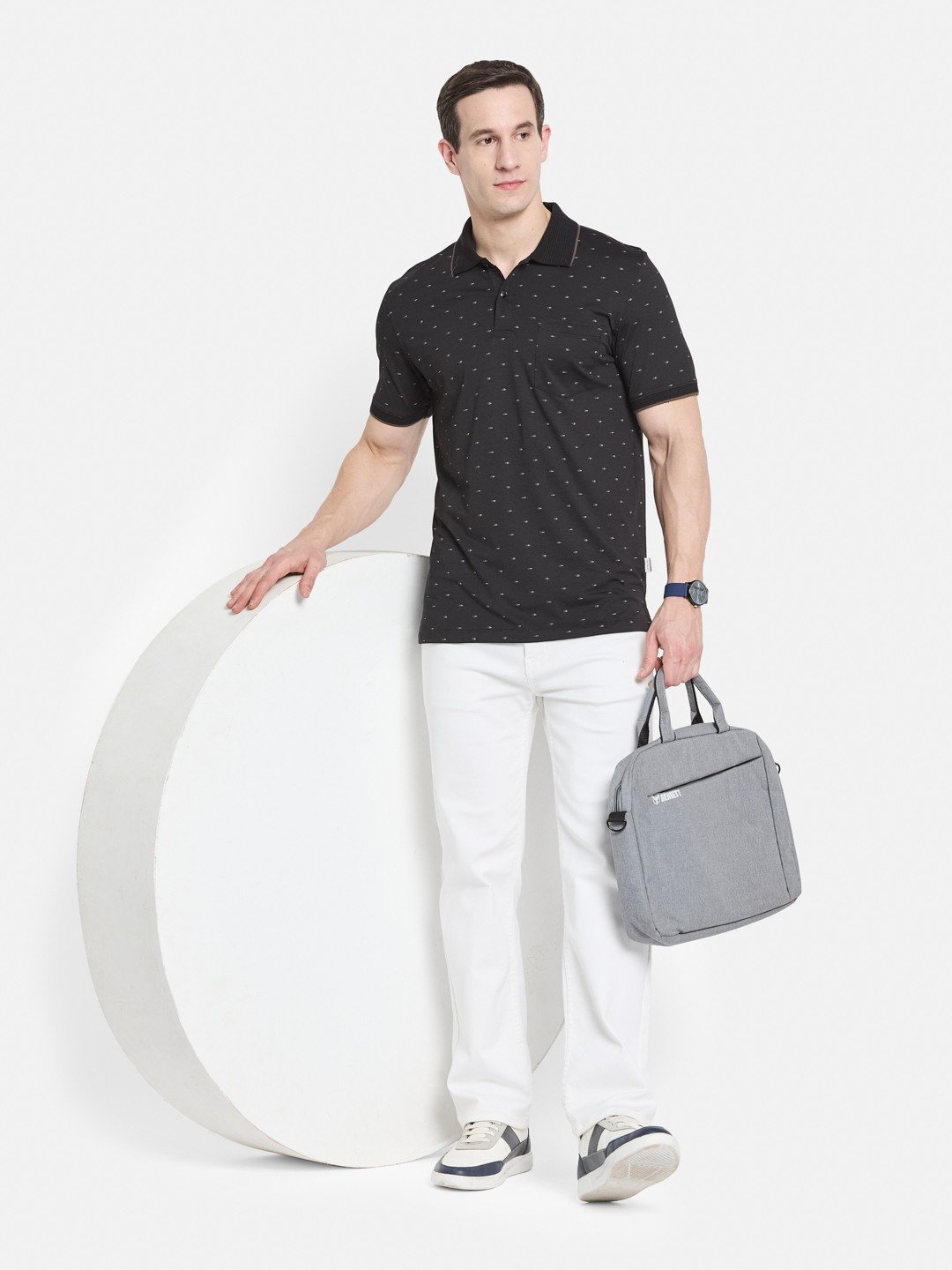 AOP MOTIF PRINT POLO NECK COTTON T-SHIRT