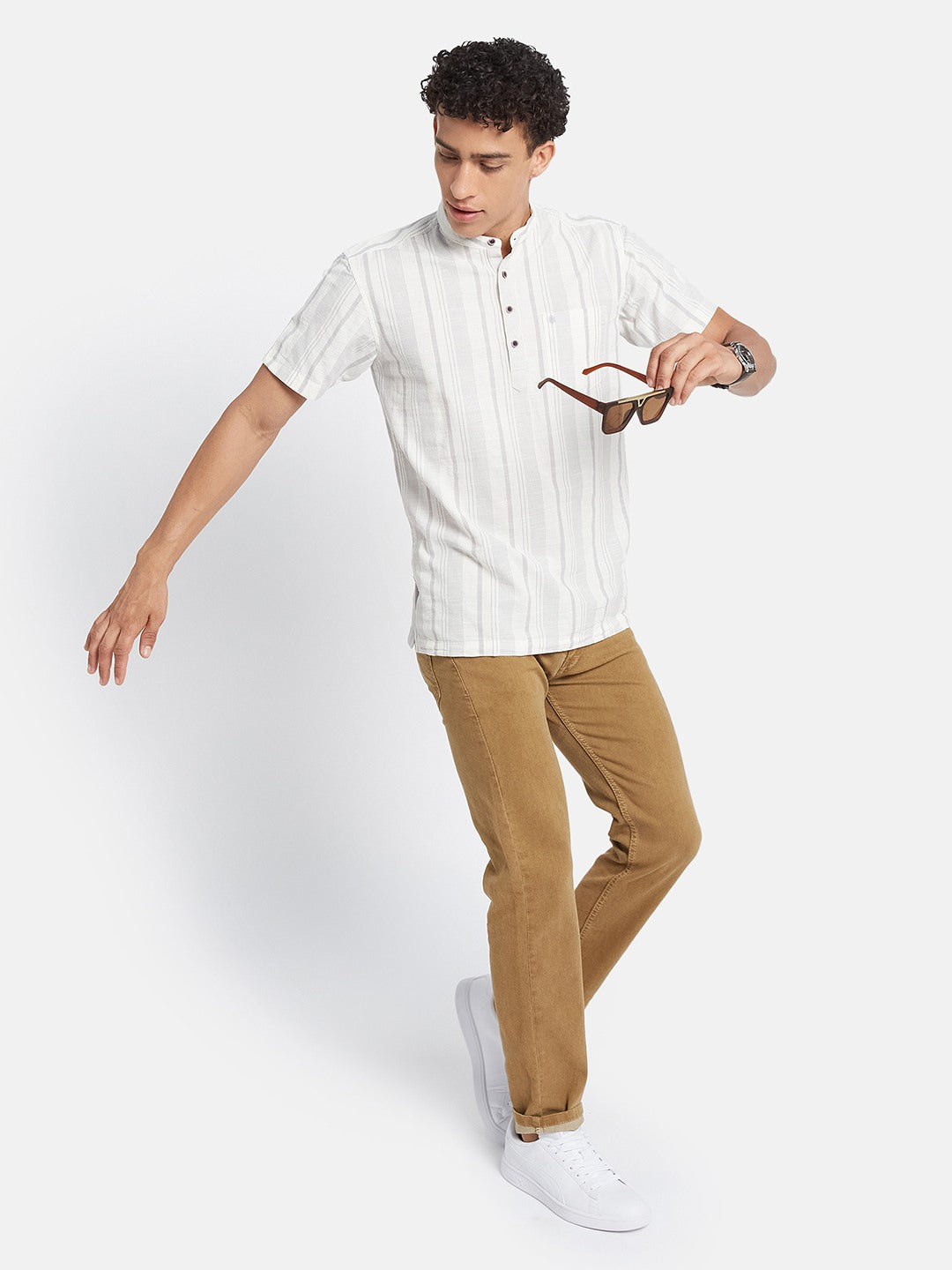 METTLE Striped Mandarin Collar Cotton Casual Shirt