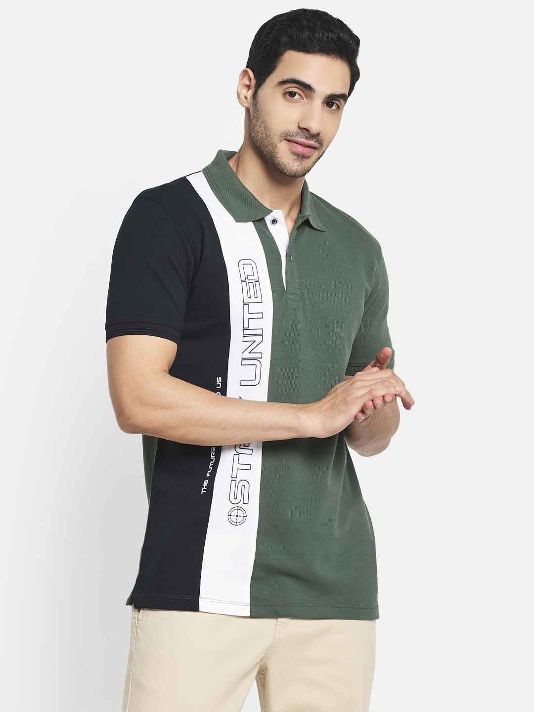 Octave Men Olive Green Colourblocked Polo Collar Applique T-Shirt