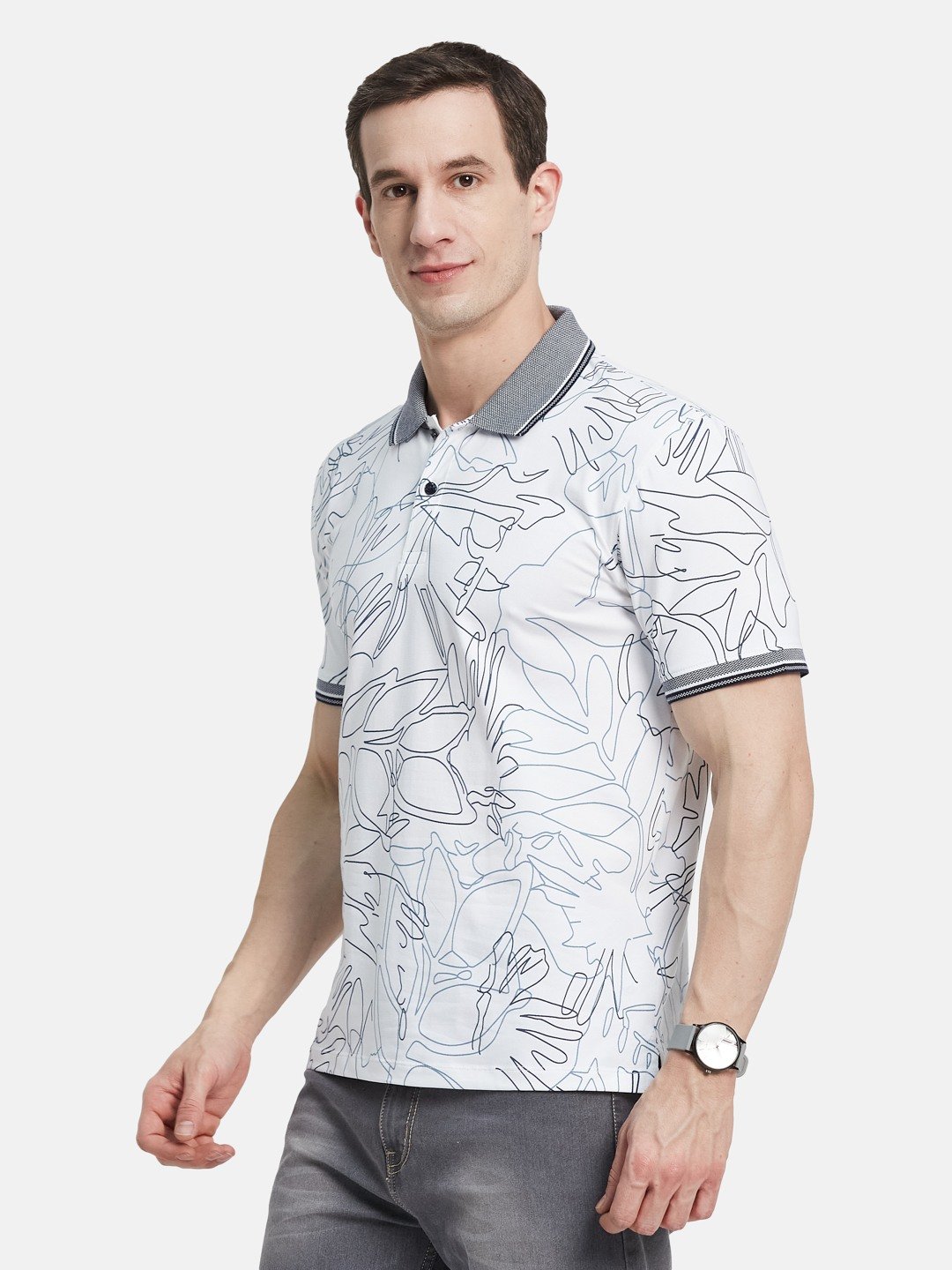 AOP FLORAL PRINT POLO NECK SINGLE JERSEY KNIT LYCRA T-SHIRT