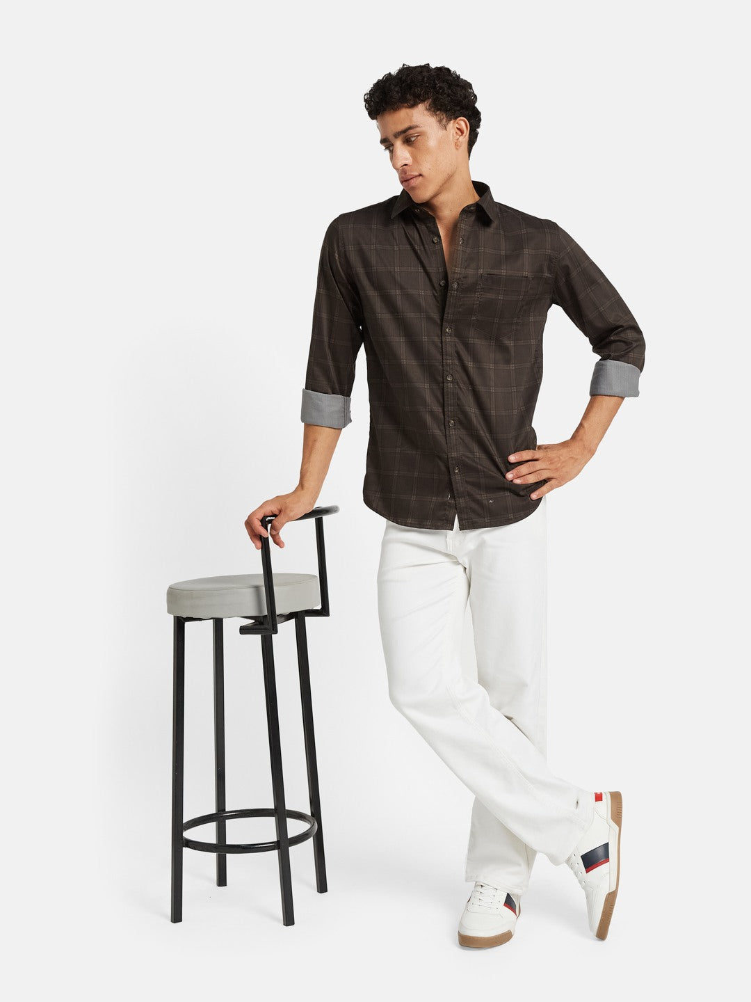 METTLE Men Checked Spread Collar Cotton Casual Shirt