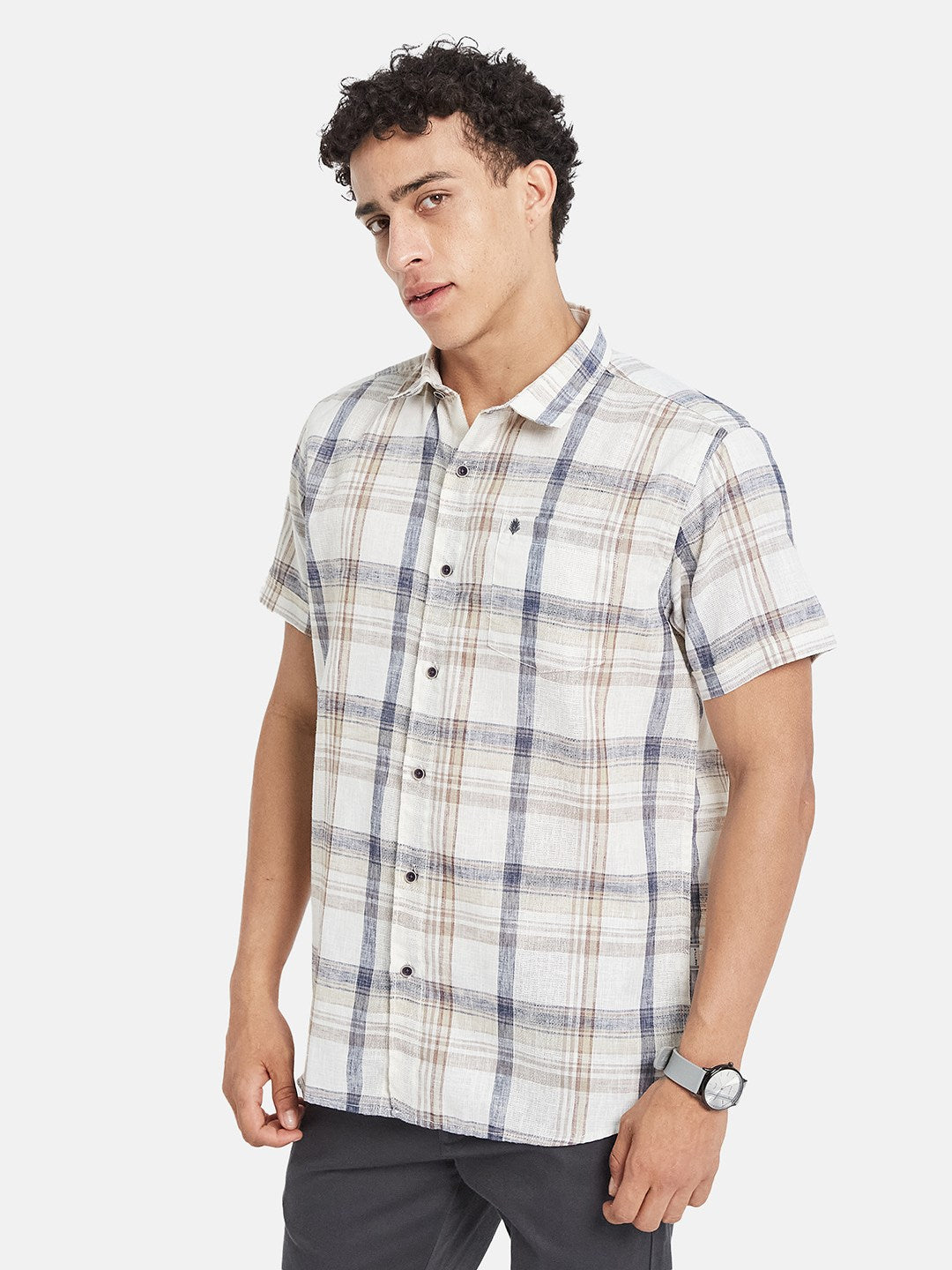 METTLE Men Tartan Checked Spread Collar Cotton Casual Shirt