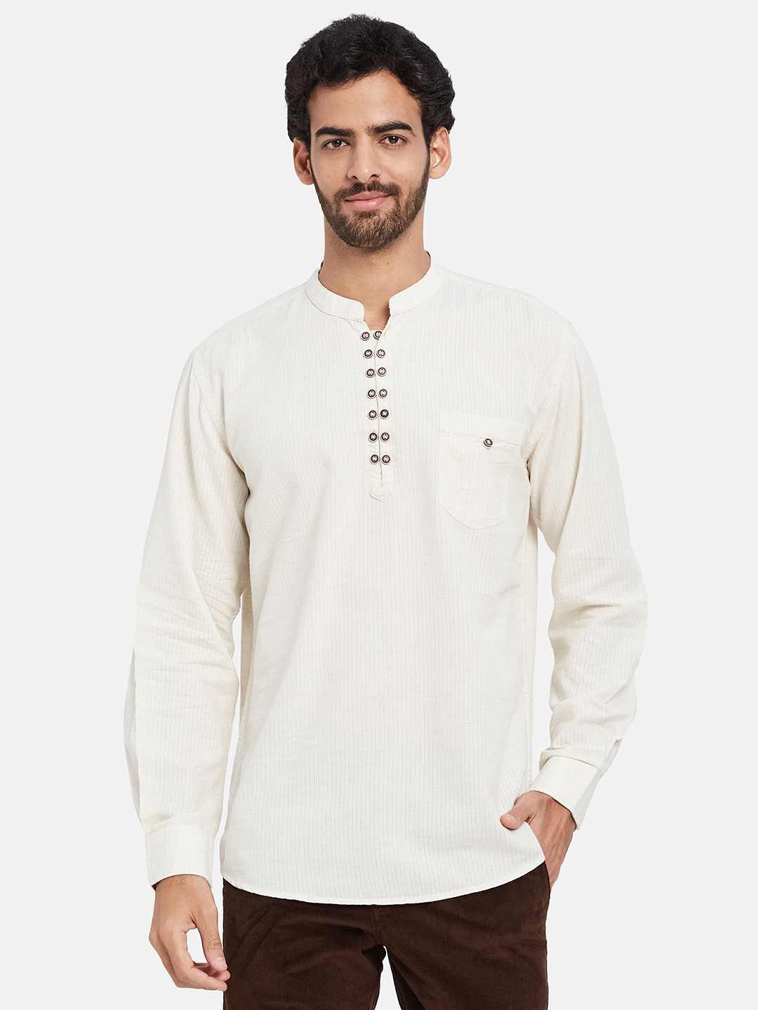 Mettle Vertical Striped Mandarin Collar Cotton Casual Shirt