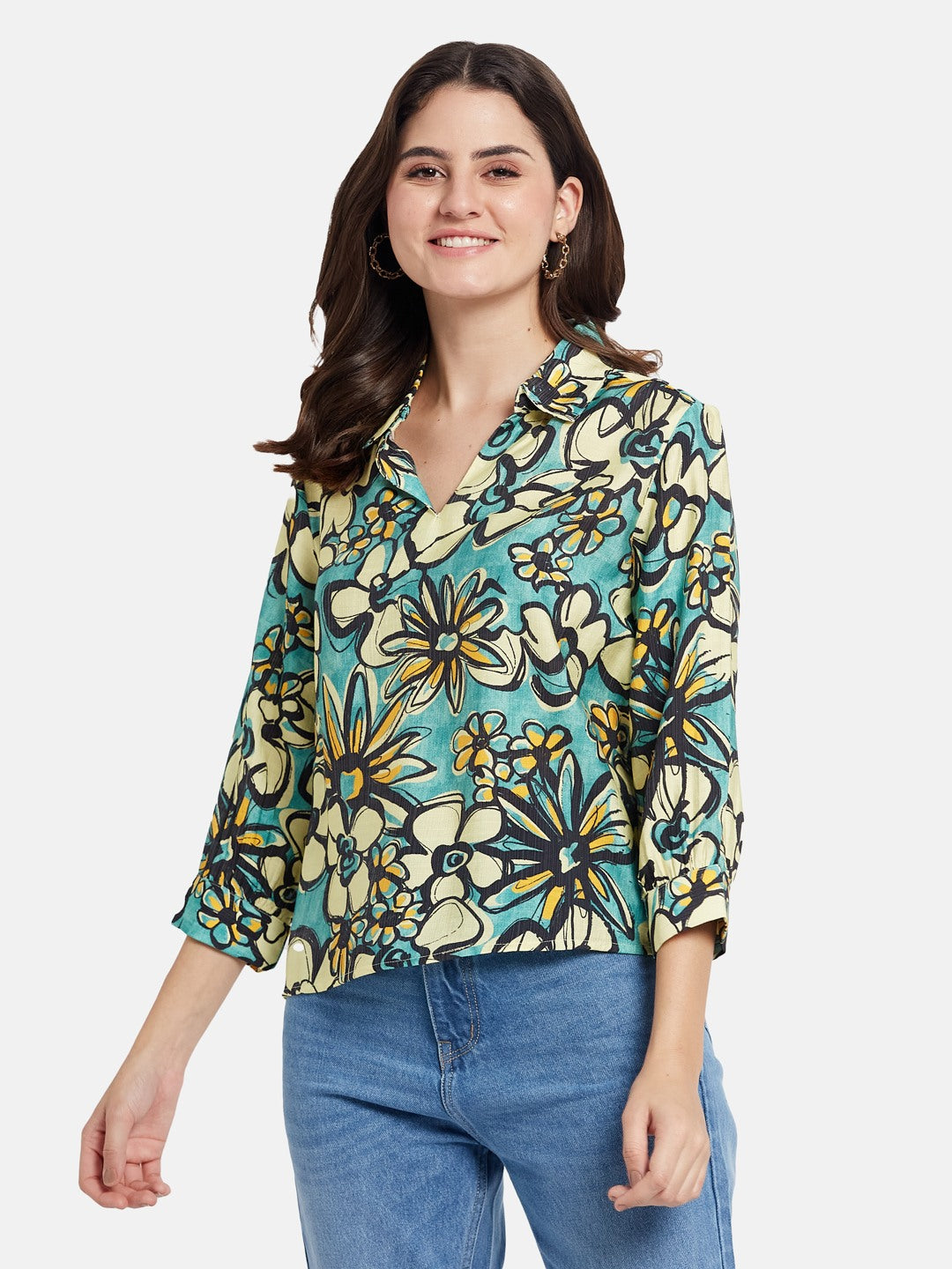 METTLE Women Floral Printed V-Neck Cotton Top