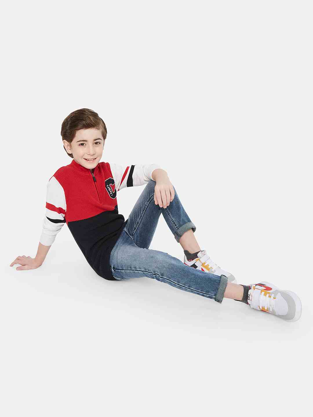 Octave Boys Colourblocked Mock Collar Cotton Pullover Sweater