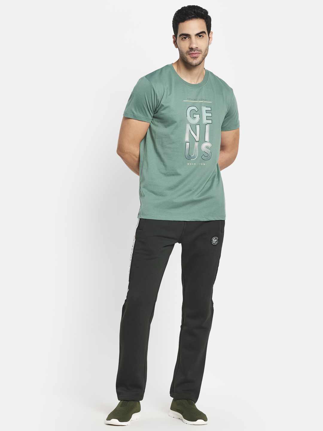 Octave Men Olive Green Typography Printed Raw Edge T-Shirt