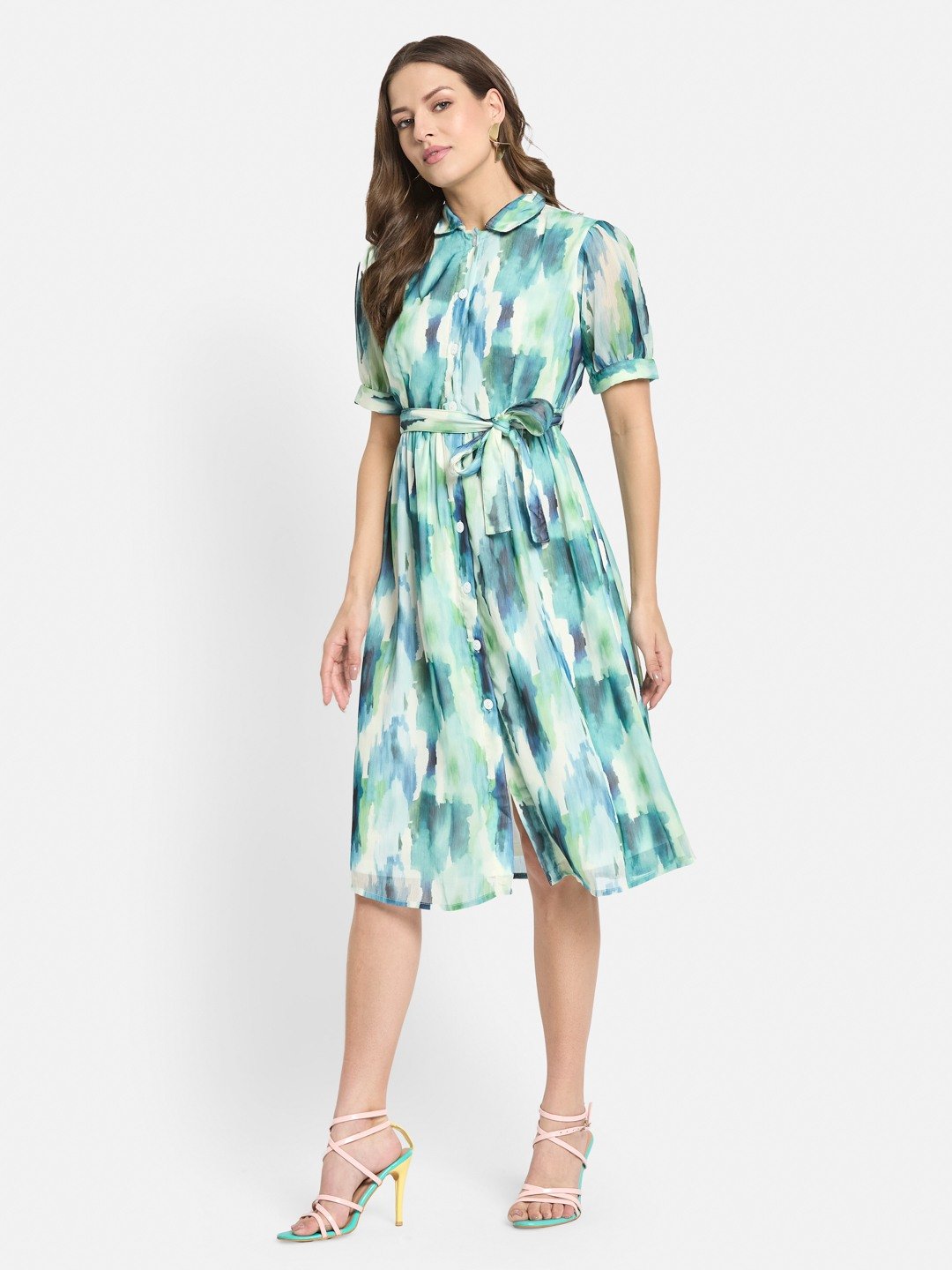 METTLE Women Print Shirt Collar Puff Sleeves Fit & Flare Dress