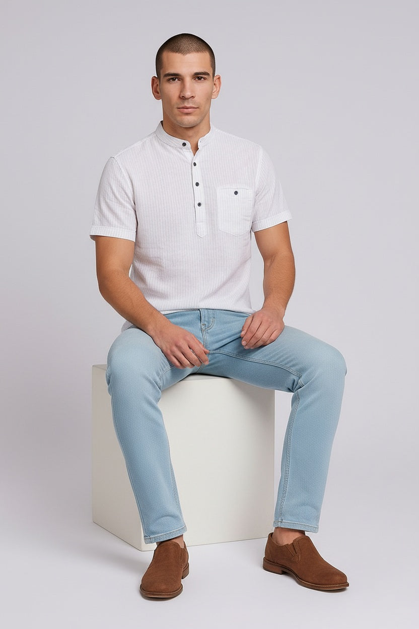 Men Multi Stripes Mandrin Neck Casual Shirt