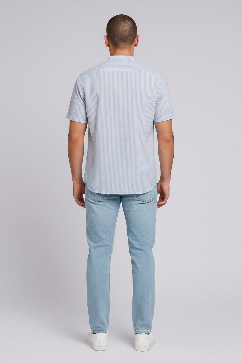 Men Multi Stripes Mandrin Neck Casual Shirt