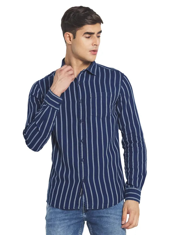 Mettle Men Blue White Striped Cotton Casual Shirt