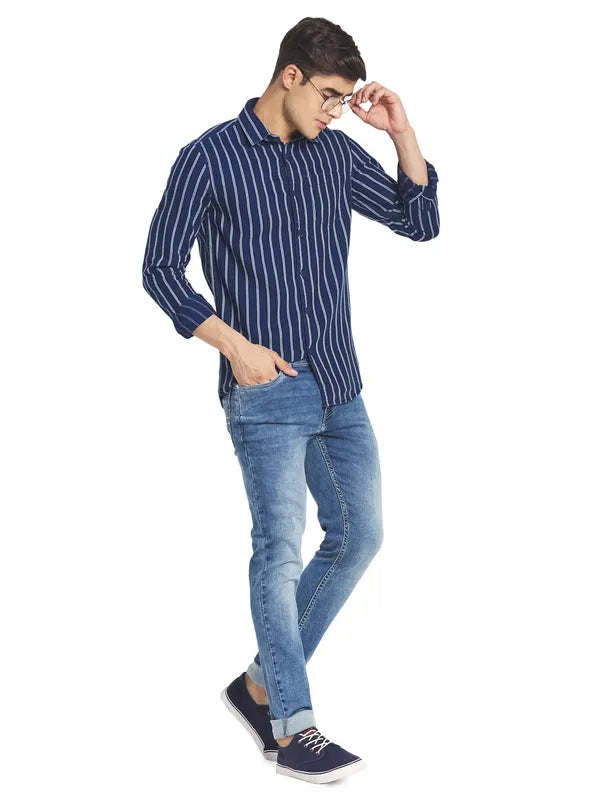 Mettle Men Blue White Striped Cotton Casual Shirt