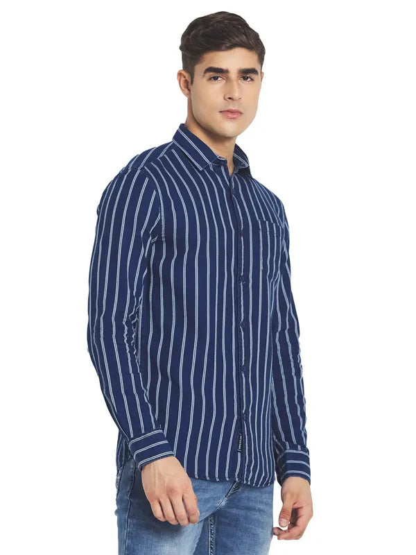 Mettle Men Blue White Striped Cotton Casual Shirt