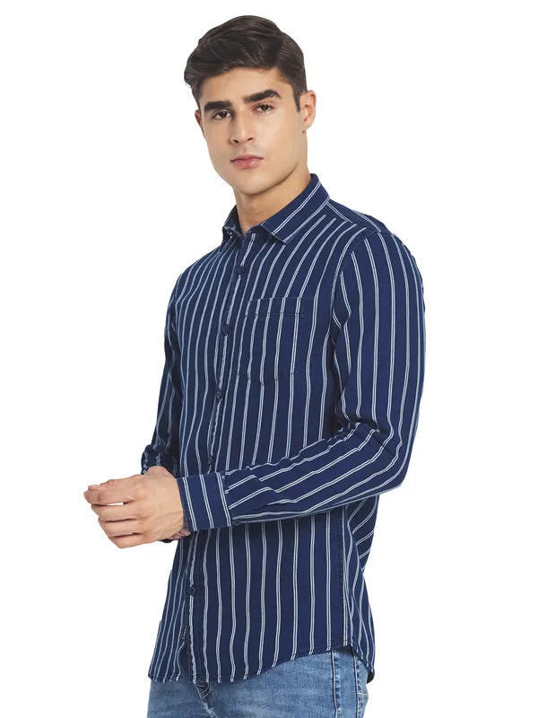 Mettle Men Blue White Striped Cotton Casual Shirt