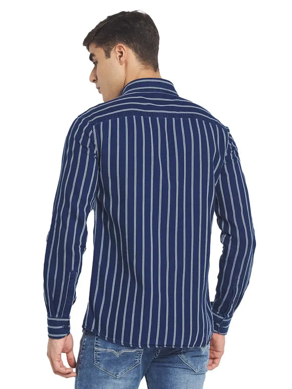 Mettle Men Blue White Striped Cotton Casual Shirt