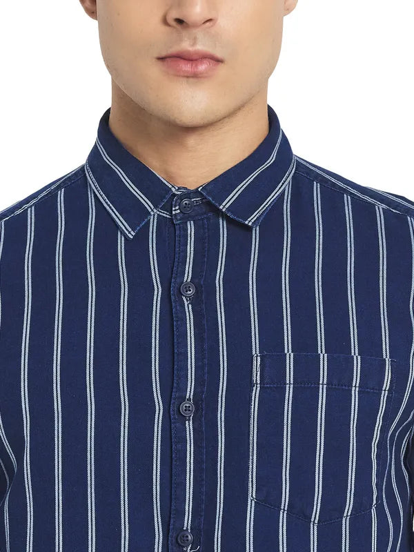 Mettle Men Blue White Striped Cotton Casual Shirt