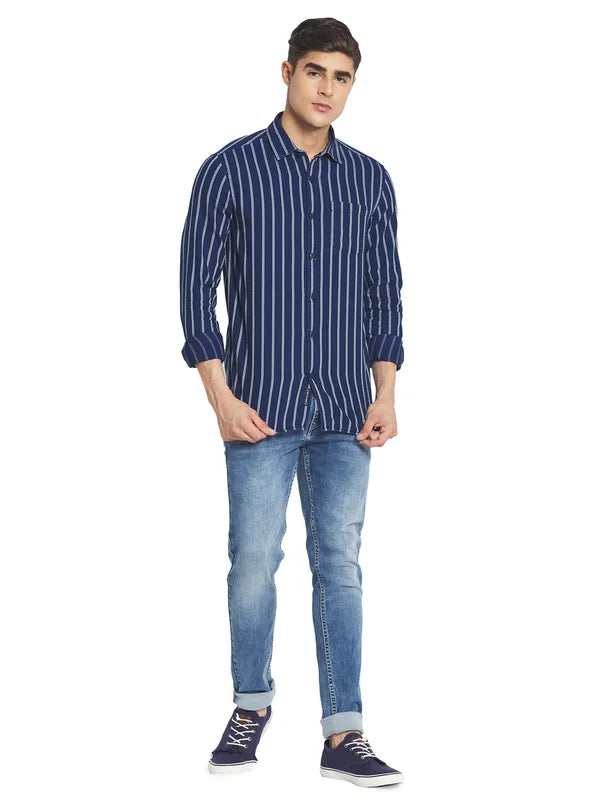 Mettle Men Blue White Striped Cotton Casual Shirt