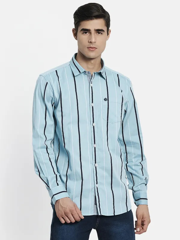 Men Blue Striped Cotton Full Sleeve Casual Shirt