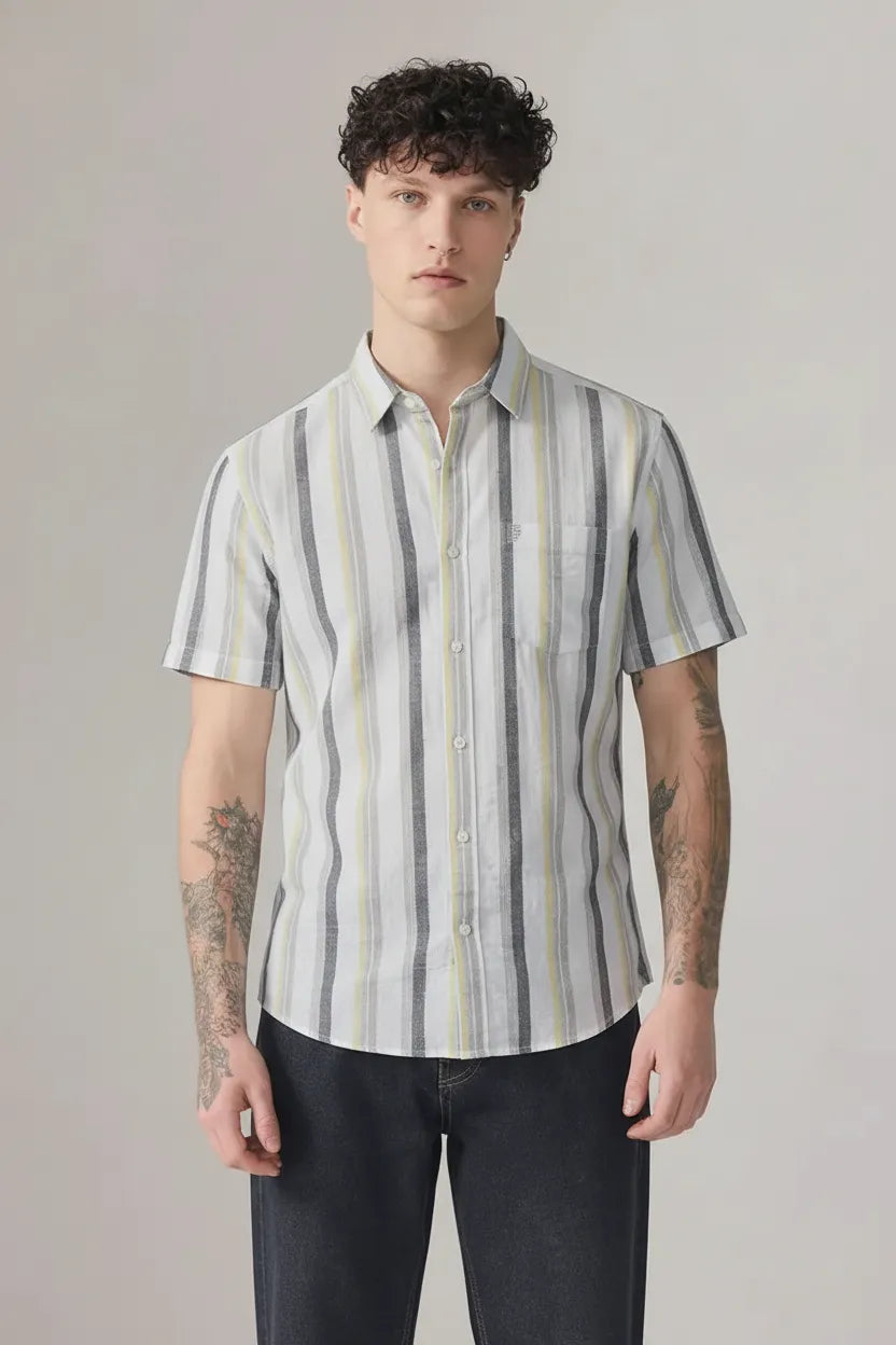 Men Striped Spread Collar Cotton Shirt