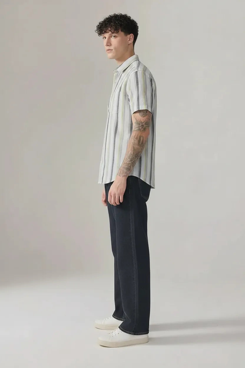 Men Striped Spread Collar Cotton Shirt