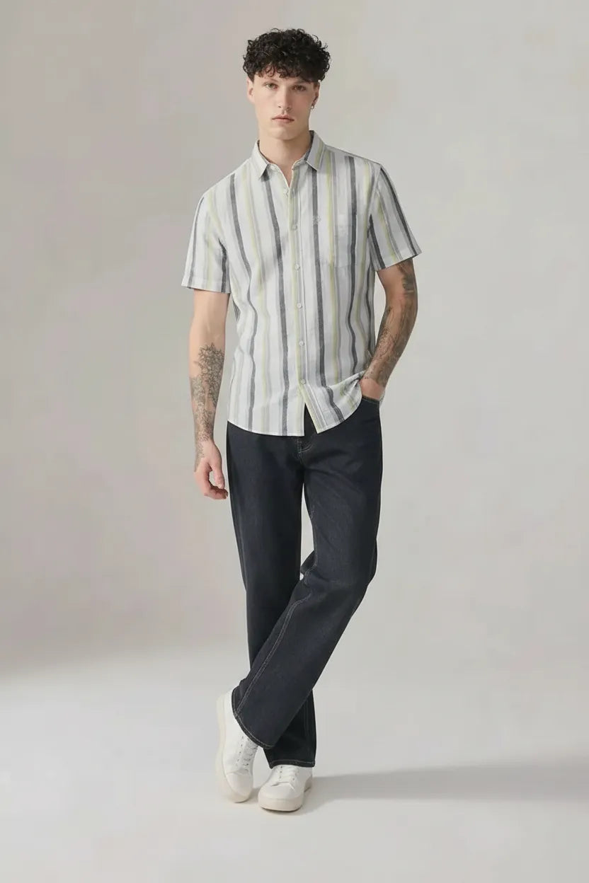 Men Striped Spread Collar Cotton Shirt
