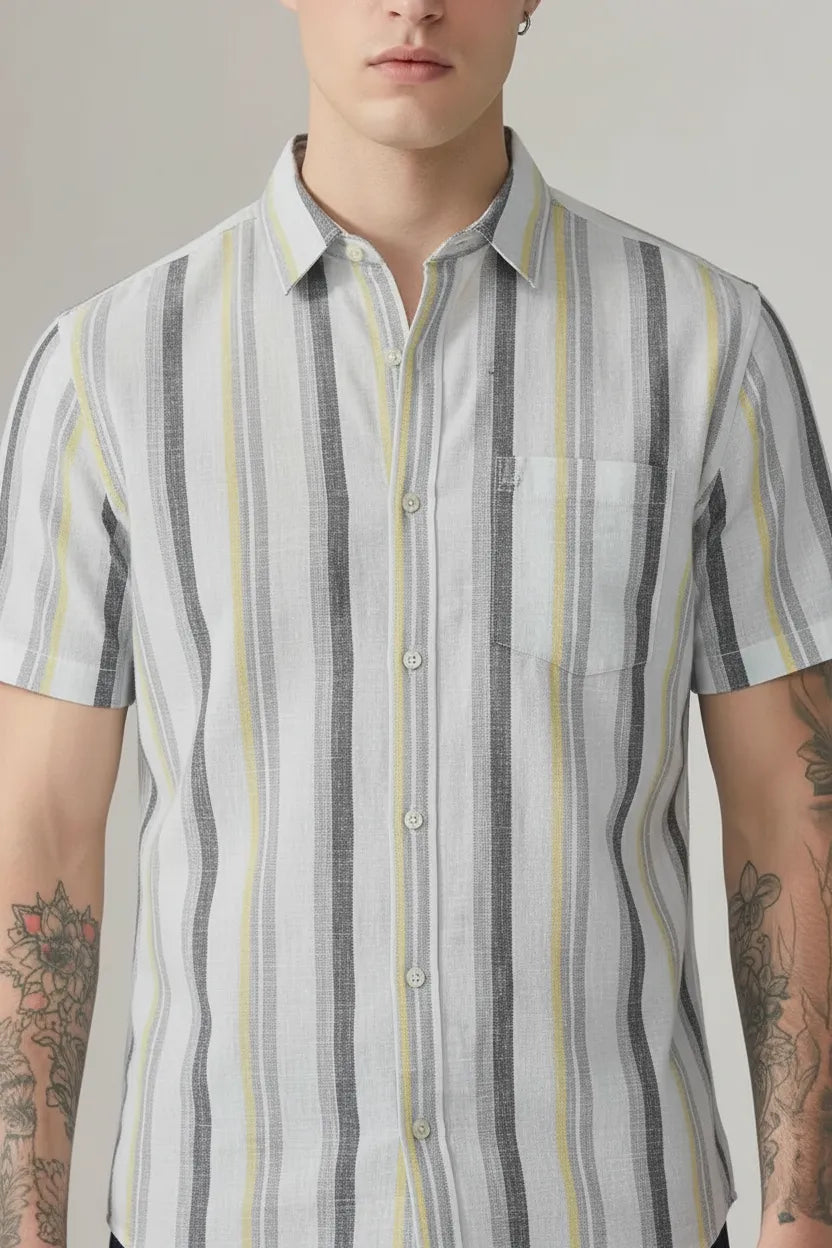 Men Striped Spread Collar Cotton Shirt