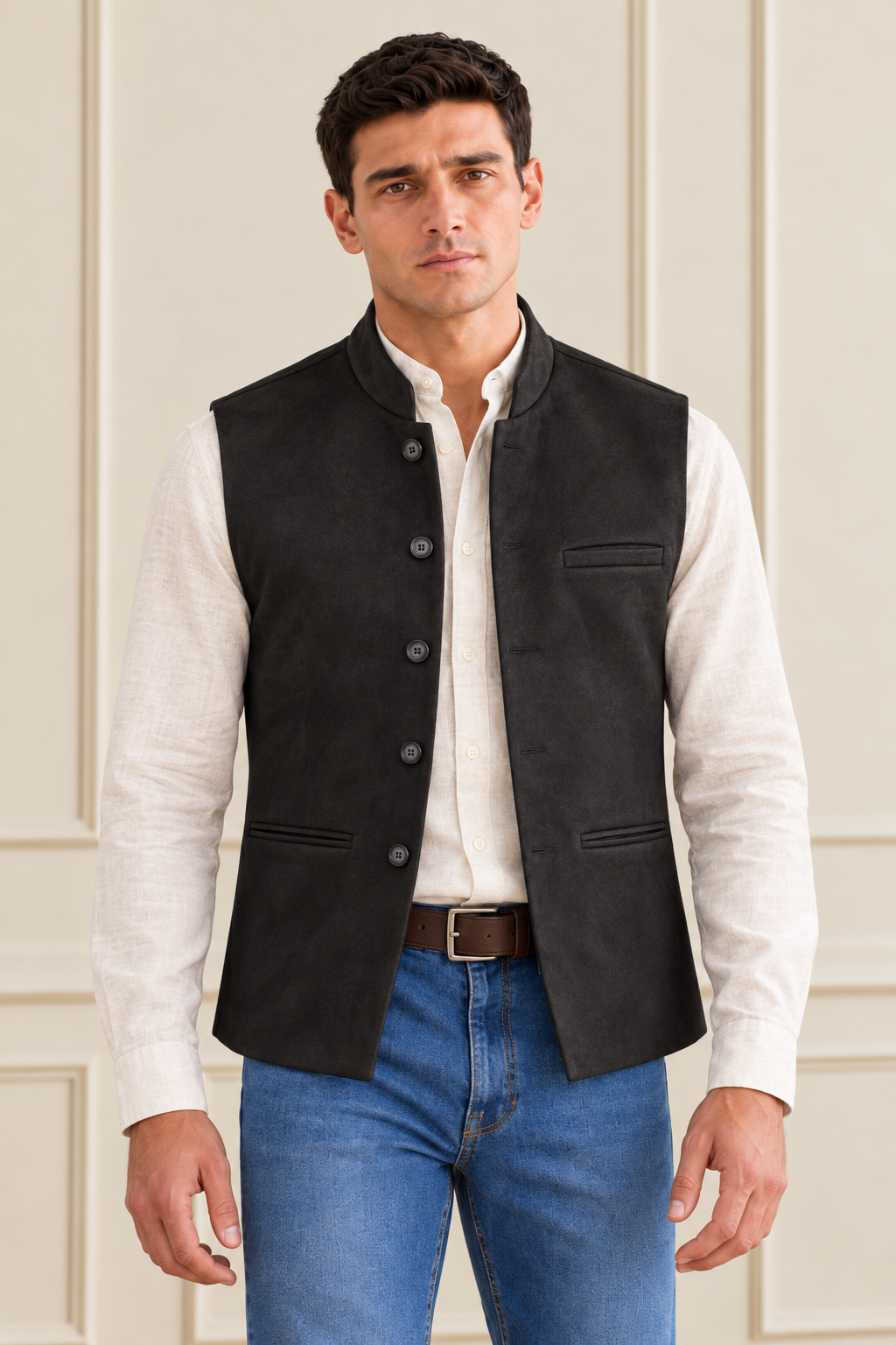 Men’s Black Knitted Suede Waistcoat – Regular Fit