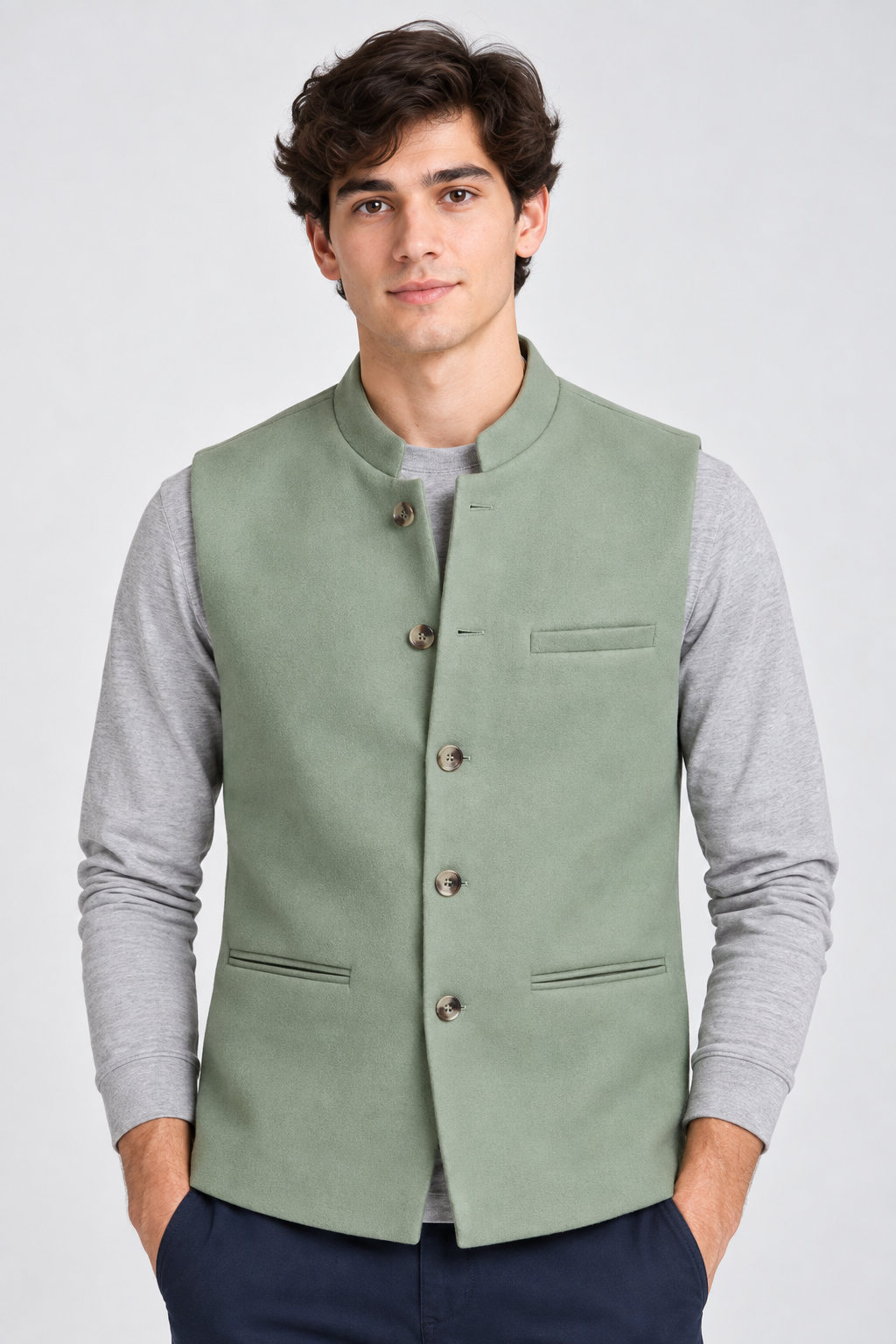Men’s Regular Fit Nehru Tweed Waistcoat – Mint
