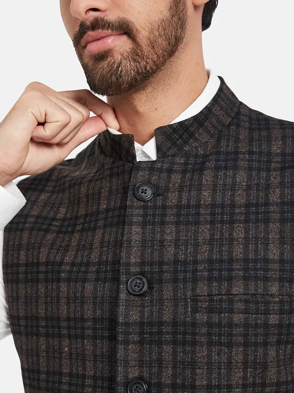 Mettle Checked Mandarin Collar Nehru Jacket