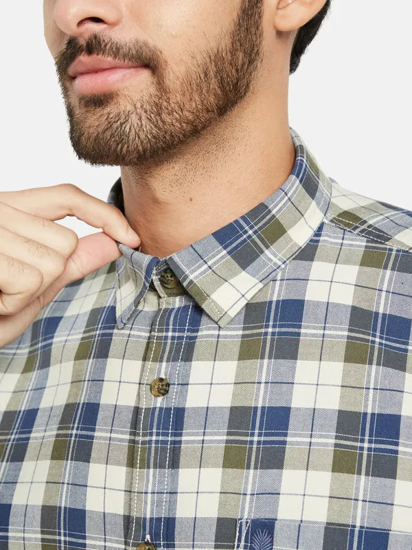 Mettle Men Olive Green Opaque Checked Casual Shirt