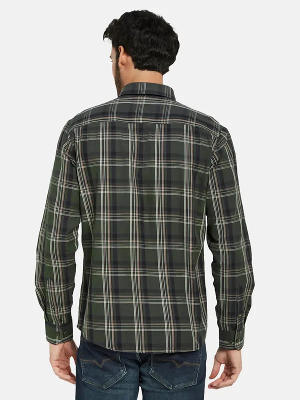 Mettle Men Olive Green Tartan Checks Opaque Checked Casual Shirt
