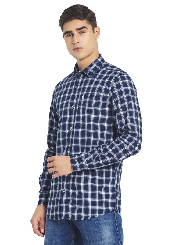 Mettle Men Navy Blue Tartan Checks Checked Casual Cotton Shirt