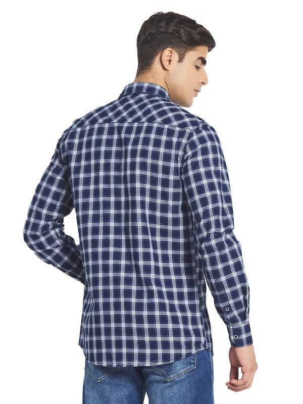 Mettle Men Navy Blue Tartan Checks Checked Casual Cotton Shirt