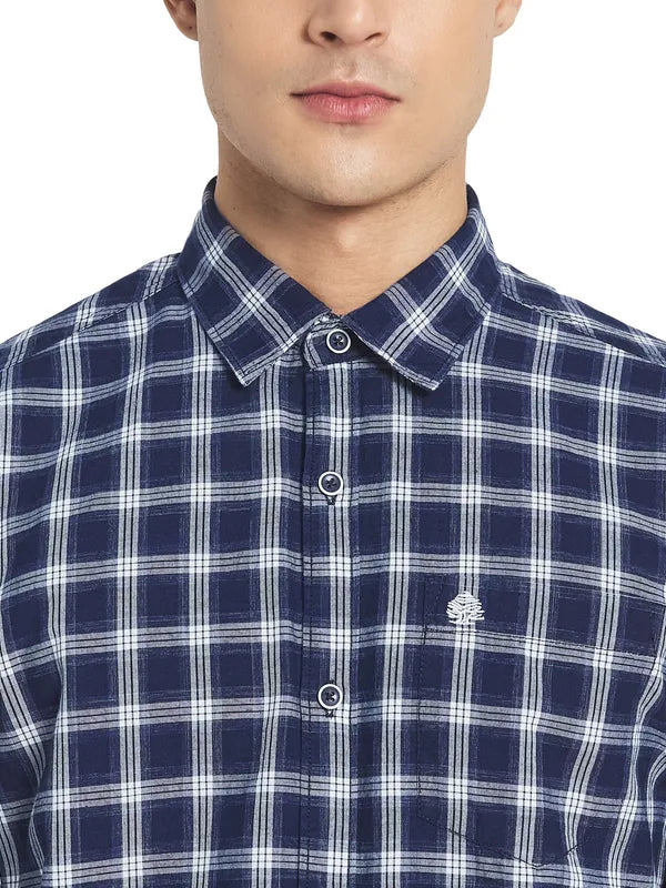 Mettle Men Navy Blue Tartan Checks Checked Casual Cotton Shirt