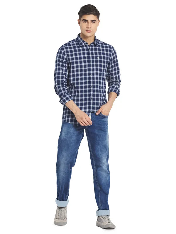 Mettle Men Navy Blue Tartan Checks Checked Casual Cotton Shirt