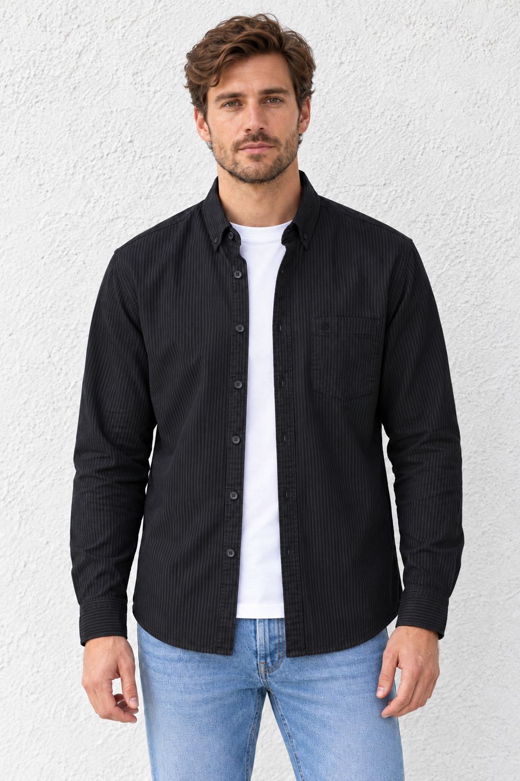 Men's Black Oxford Shirt with Subtle Stripes | Full Sleeves and Button-Down Collar