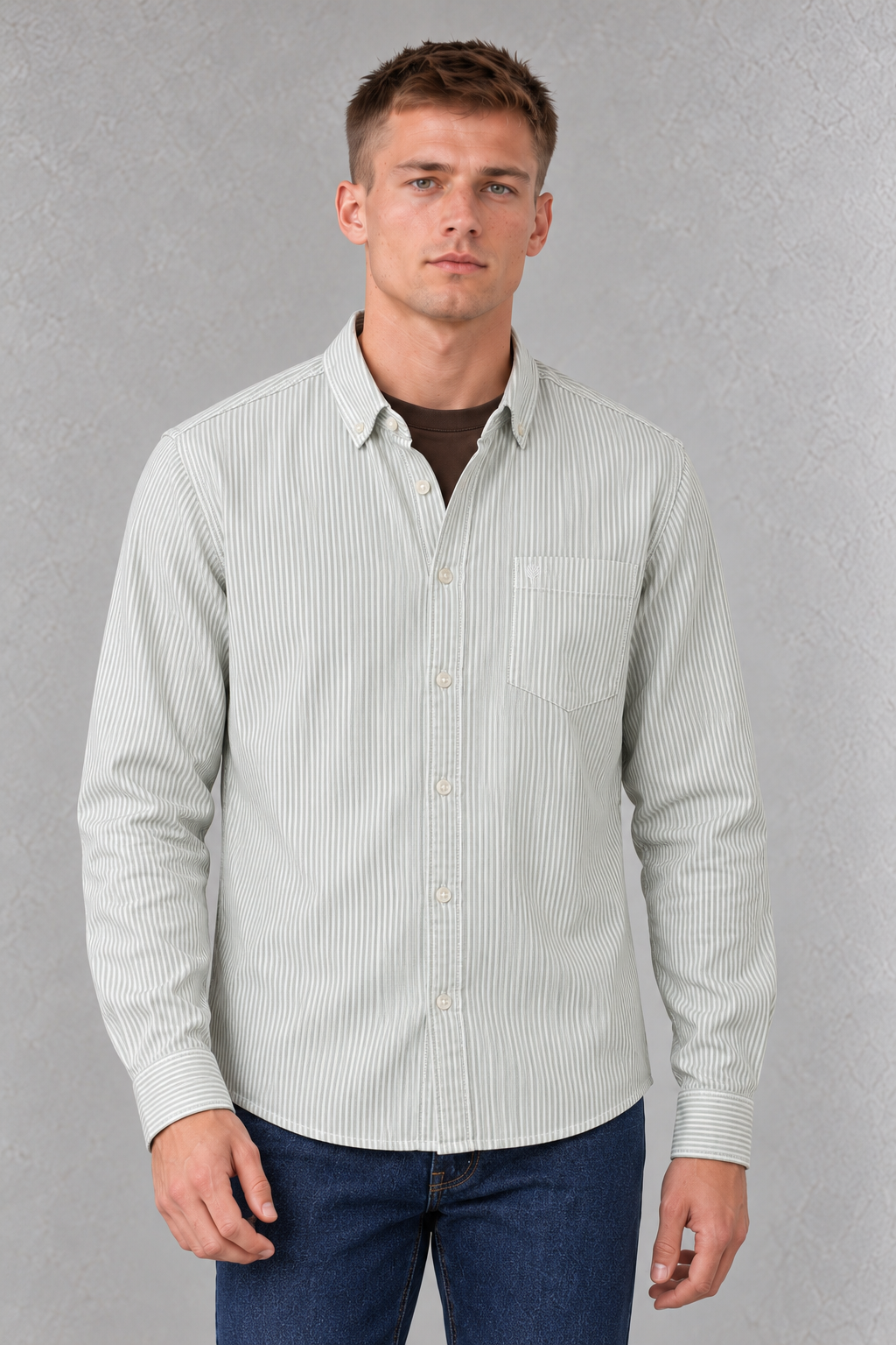 Men's Regular Fit Oxford Striped Full Sleeve Shirt with Button-Down Collar and Chest Pocket – Fern