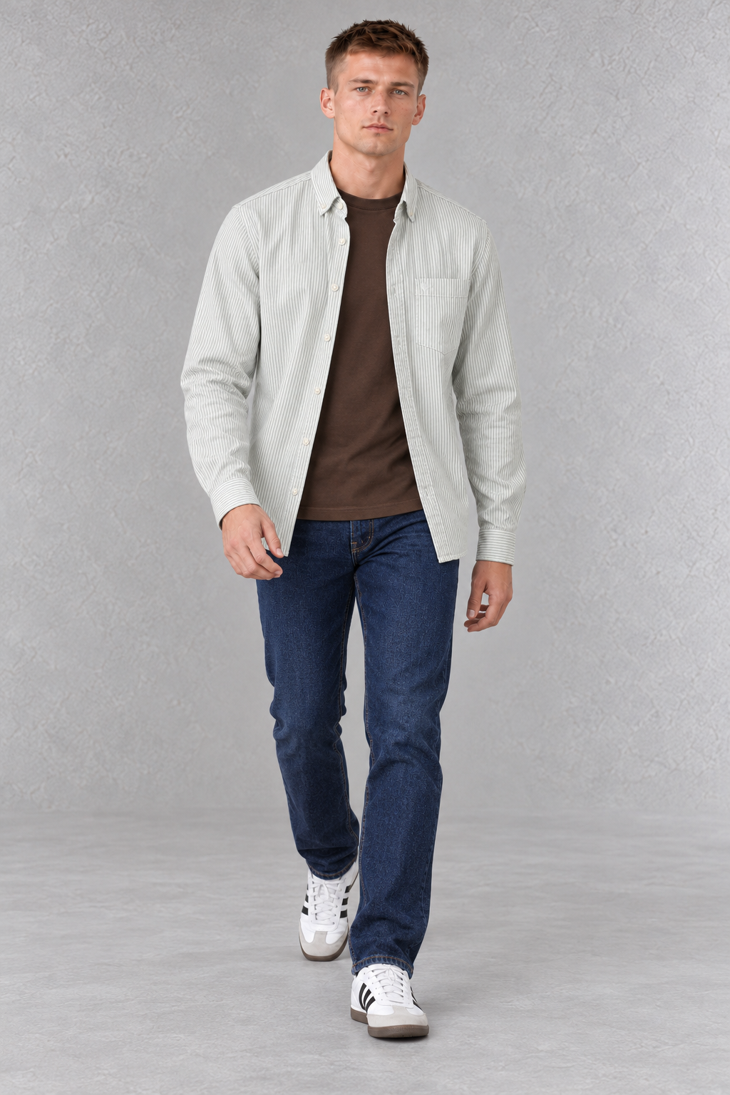 Men's Regular Fit Oxford Striped Full Sleeve Shirt with Button-Down Collar and Chest Pocket – Fern
