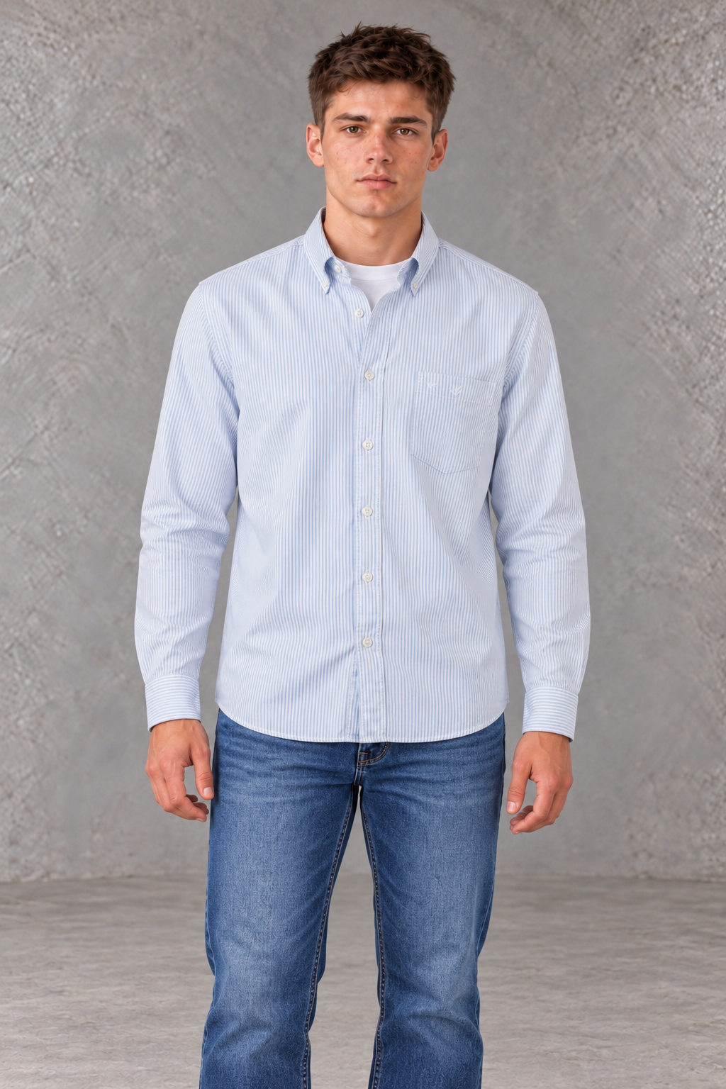 Men's Regular Fit Oxford Vertical Striped Full Sleeve Shirt with Button-Down Collar and Chest Pocket – Sky
