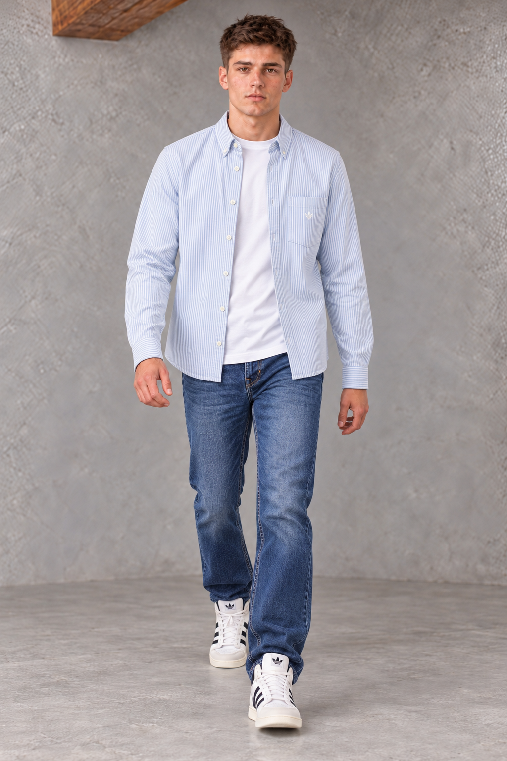 Men's Regular Fit Oxford Vertical Striped Full Sleeve Shirt with Button-Down Collar and Chest Pocket – Sky