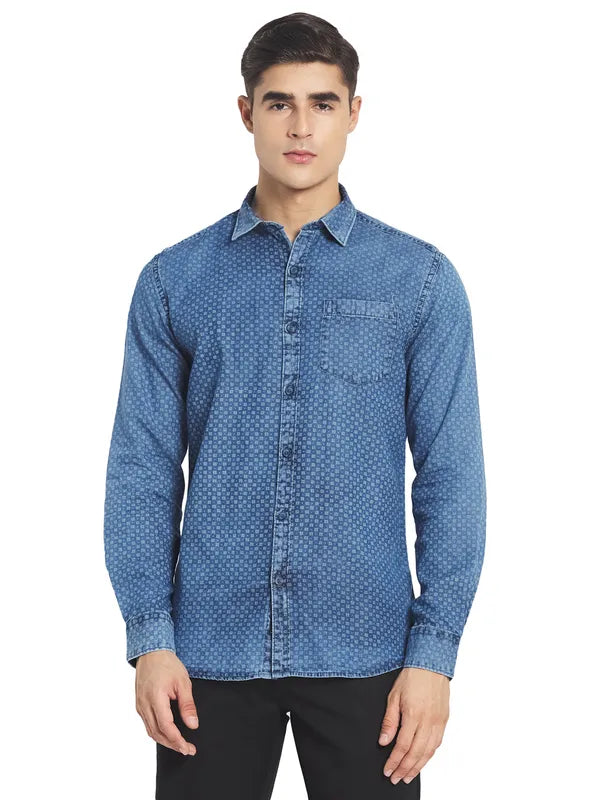Mettle Men Blue Micro Ditsy Printed Cotton Casual Shirt