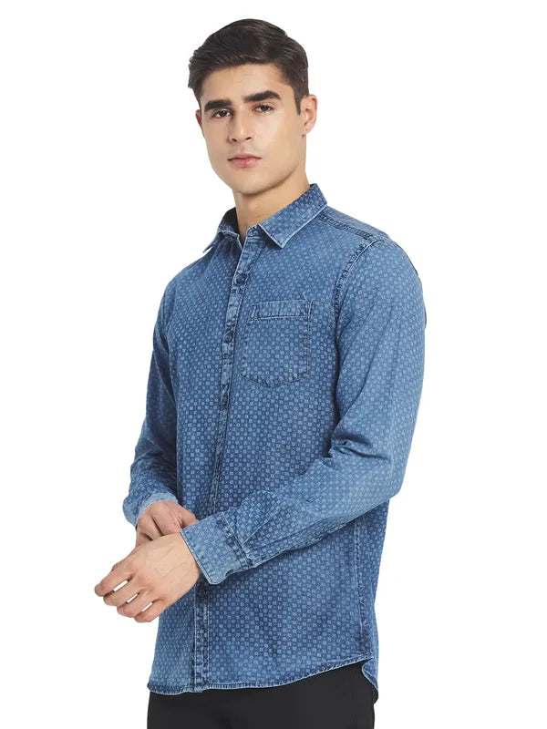 Mettle Men Blue Micro Ditsy Printed Cotton Casual Shirt