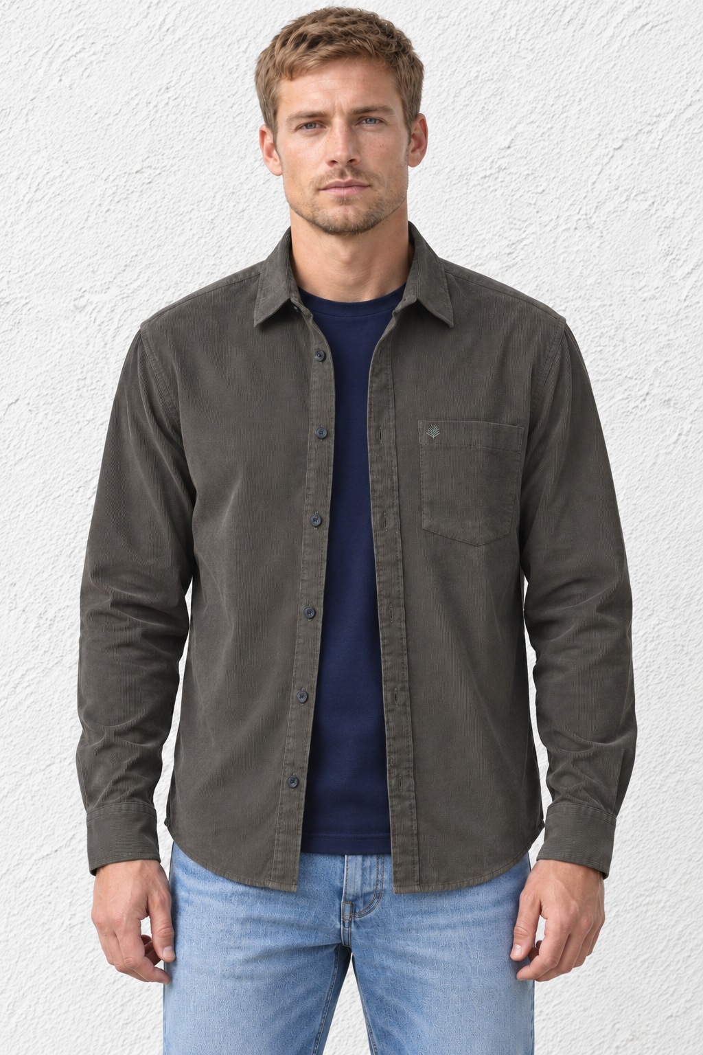 Men's Olive Corduroy Shirt with Full Sleeves, Spread Collar and Chest Pocket