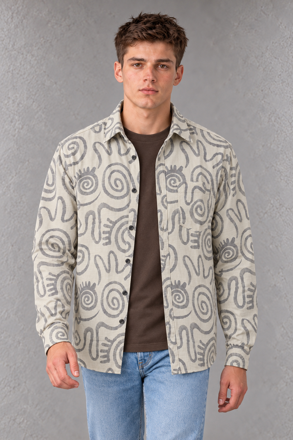 Men’s Off-White Abstract Print Regular Fit Cotton Slub Shirt
