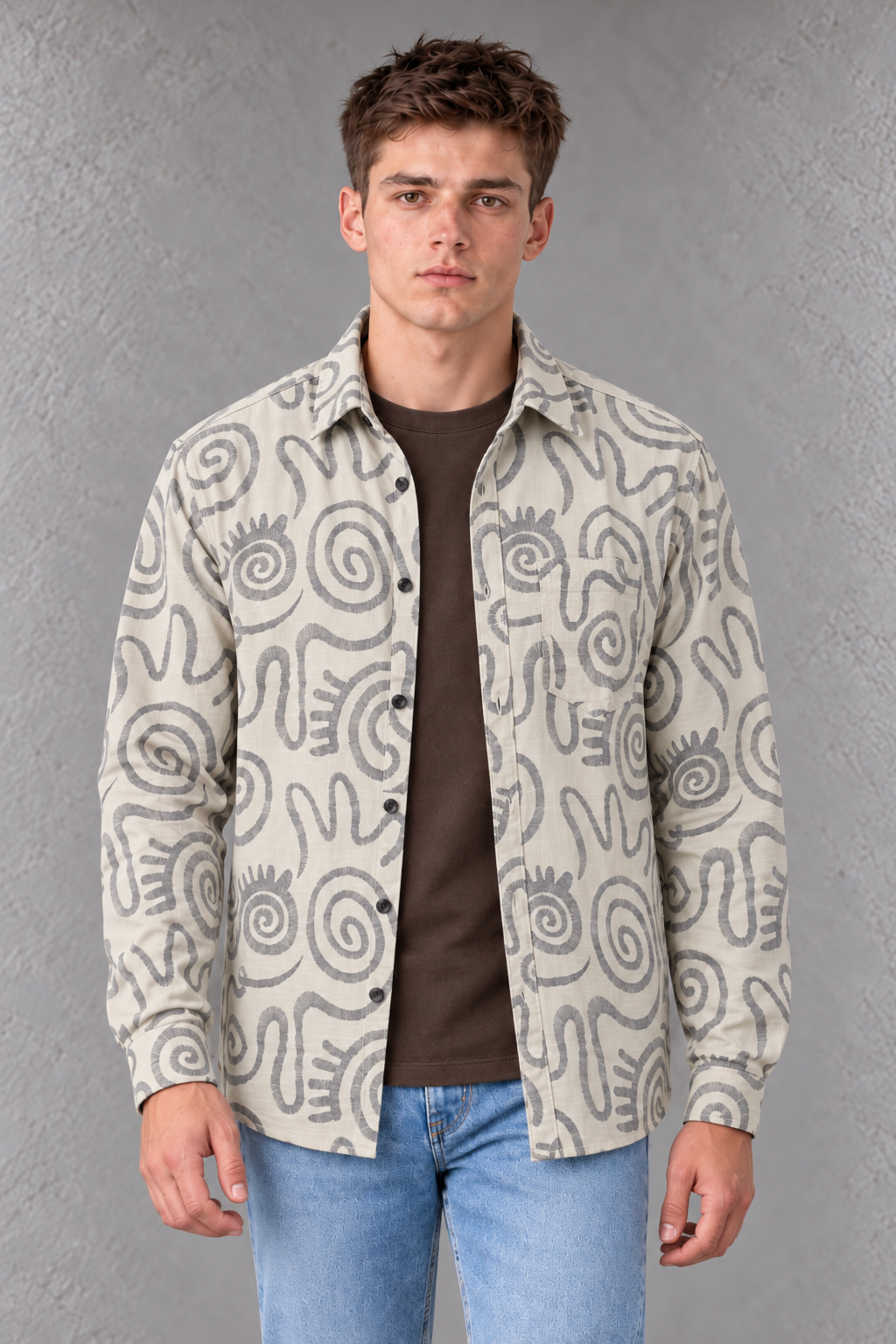Men’s Off-White Abstract Print Regular Fit Cotton Slub Shirt