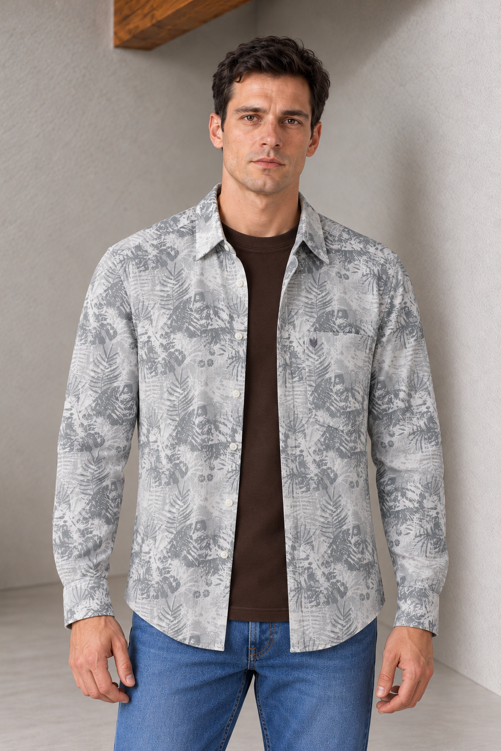 Men’s Silver Cotton Slub Shirt with Botanical Print & Full Sleeves