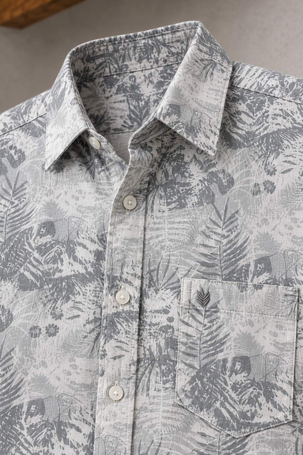 Men’s Silver Cotton Slub Shirt with Botanical Print & Full Sleeves