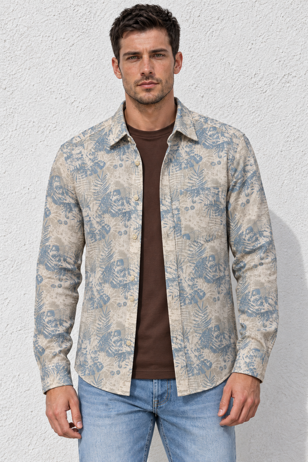Men's Stone Cotton Slub Shirt with Tropical Leaf Print, Full Sleeves and Spread Collar