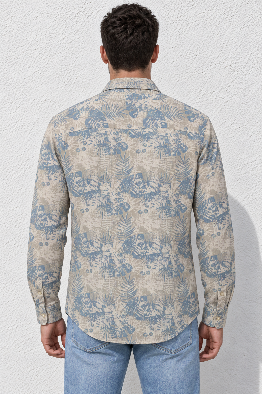 Men's Stone Cotton Slub Shirt with Tropical Leaf Print, Full Sleeves and Spread Collar