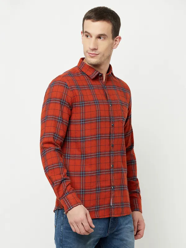 Mettle Men Orange Tartan Checks Checked Casual Shirt