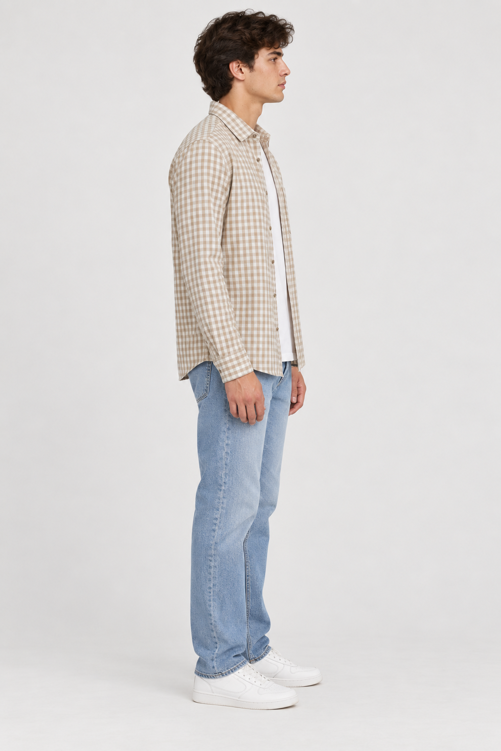 Men’s Regular Fit Corduroy Check Shirt – Beige Full Sleeve Casual Shirt
